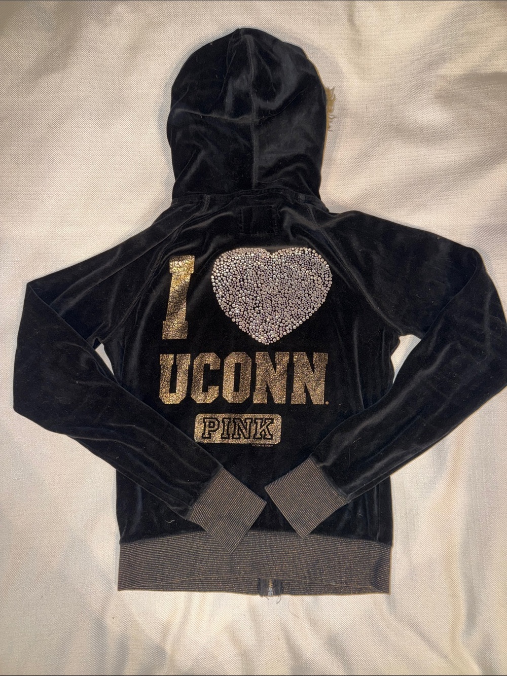 PINK Victoria's Secret Black Velour Hoodie with Gold Logo & Rhinestone Heart